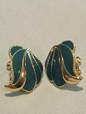 Vintage Enameled Gold-Tone Teal Swirl Clip-On Earrings - Women Jewelry By J S.